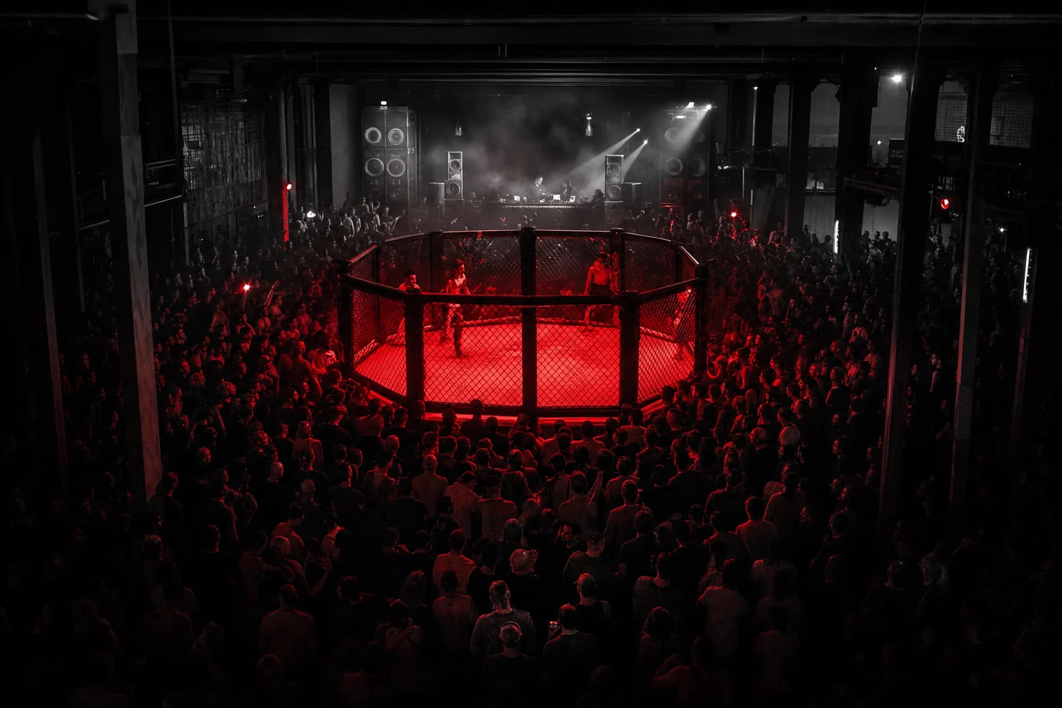 AI-generated concept image of a glowing crimson octagon cage at the center of a nightclub crowd, DJ booth visible in the haze.